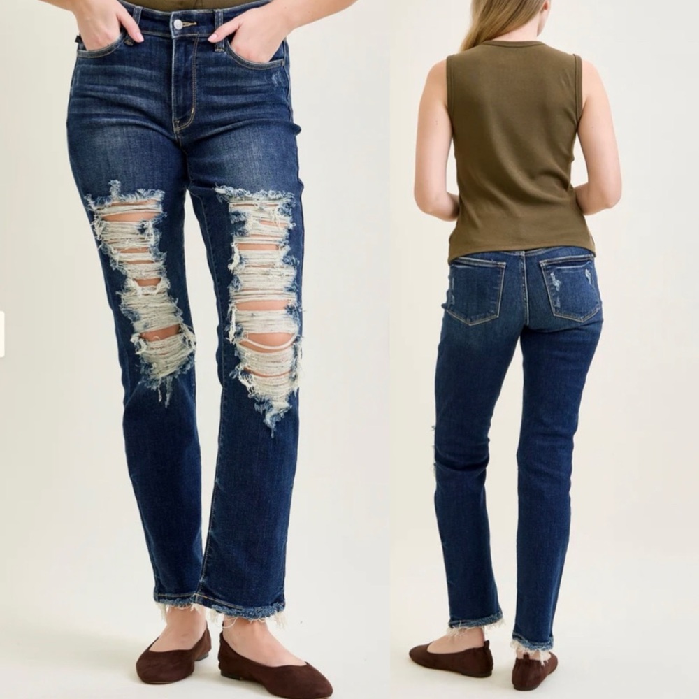 JUDY BLUE Jeans Lisse Mid Rise Ripped Straight Distressed Blue Size 15